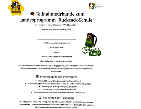 Foto der Abschluss-Urkunde für die Teilnehmer*innen der Rucksackschule
