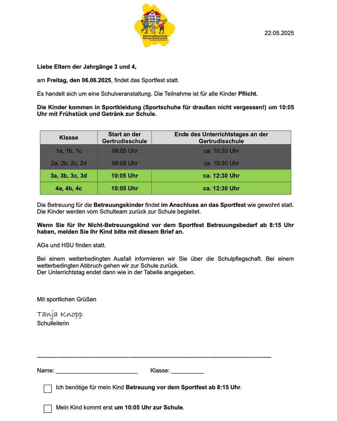 Elternbrief zum Sportfest für die 3. und 4. Klassen,  Bilddatei mit hinterlegter pdf-Datei öffnet sich bei Aufruf in neuem Fenster