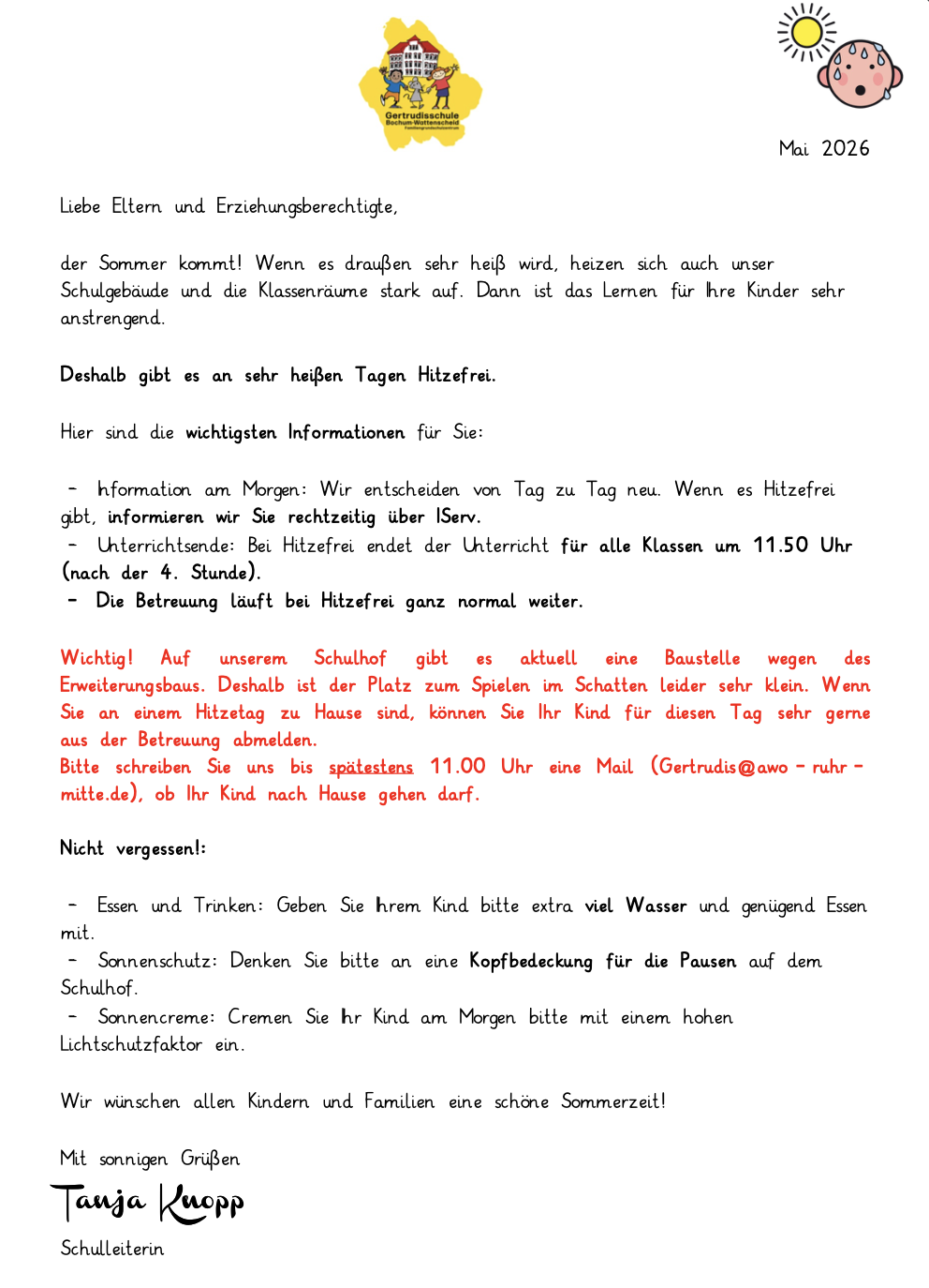 Informationsschreiben zu Hitzefrei